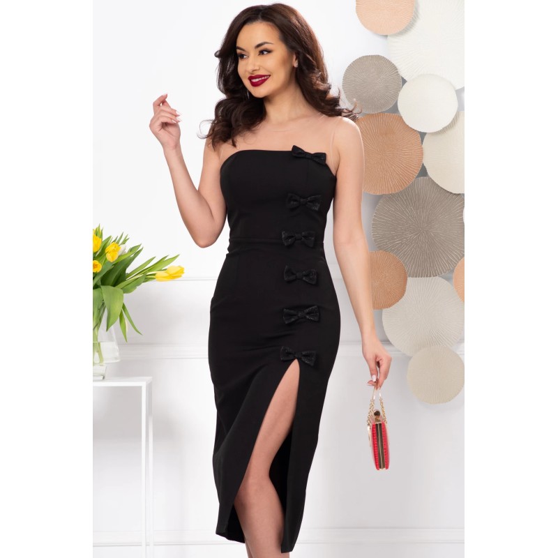 Rochie eleganta neagra midi June cu fundite decorative