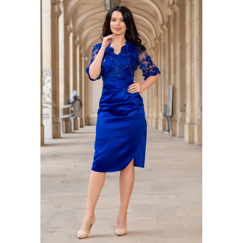 Rochie de ocazie conica albastra Catlyn cu bust din flori brodate