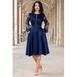 Rochie eleganta midi bleumarin in clos Paulina cu broderie pretioasa