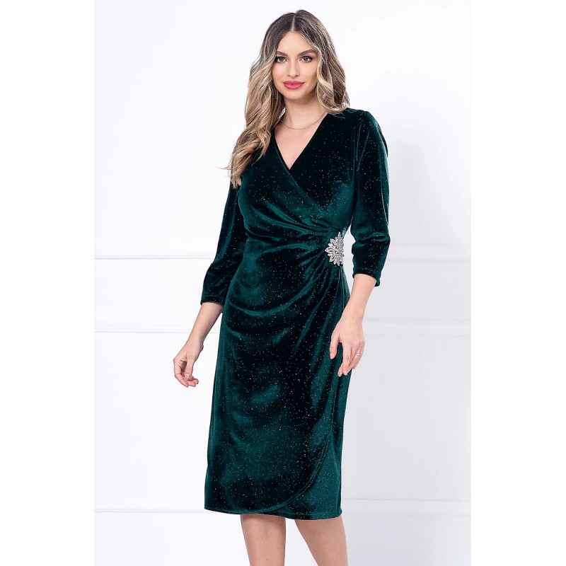 Rochie eleganta verde din catifea Caterina cu glitter si accesoriu argintiu in talie