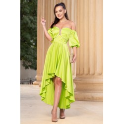 Rochie de ocazie asimetrica Pretty Girl lime cu umeri goi