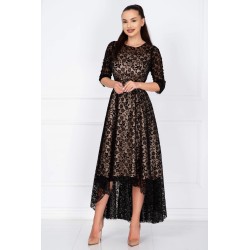 Rochie de ocazie asimetrica Francesca cu model floral din catifea si dublura bej