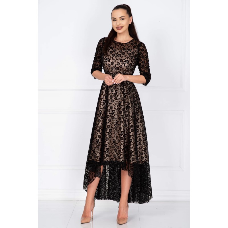 Rochie de ocazie asimetrica Francesca cu model floral din catifea si dublura bej