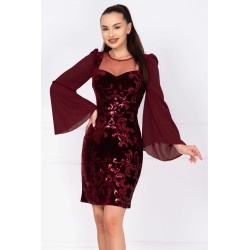 Rochie de ocazie din catifea bordo Celine cu maneci din voal si model paietat