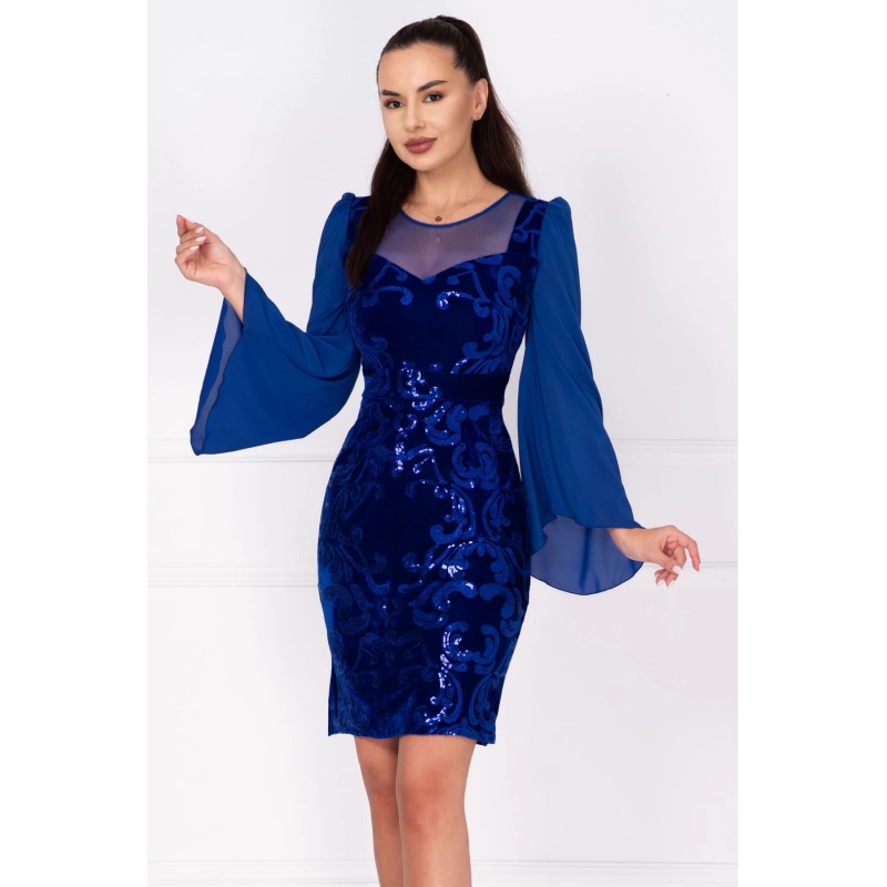 Rochie de ocazie din catifea albastra Celine cu maneci din voal si model paietat