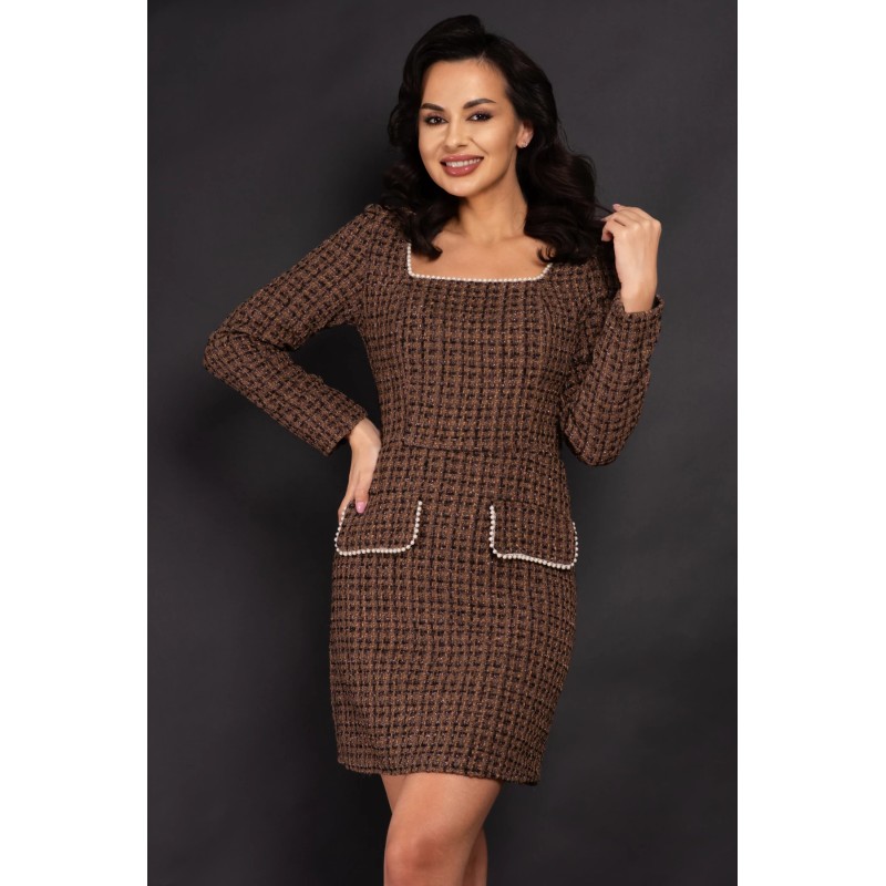 Rochie de ocazie Raissa maro din tweed cu perlaje decorative