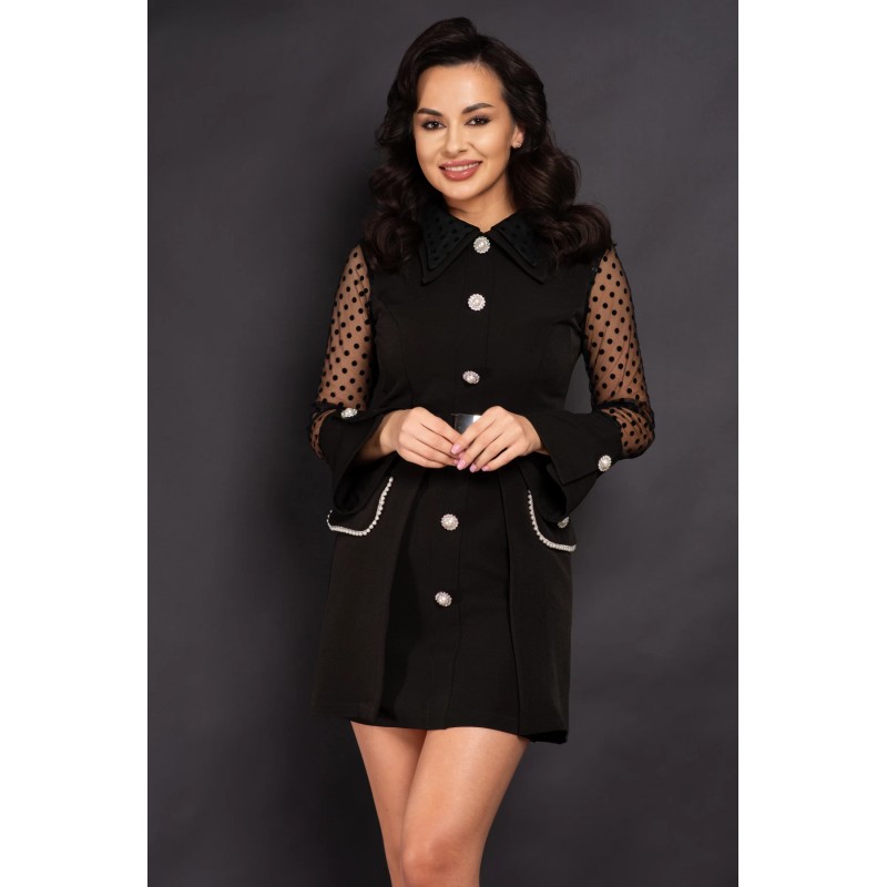 Rochie de ocazie neagra Naomi cu nasturi pretiosi si fusta detasabila
