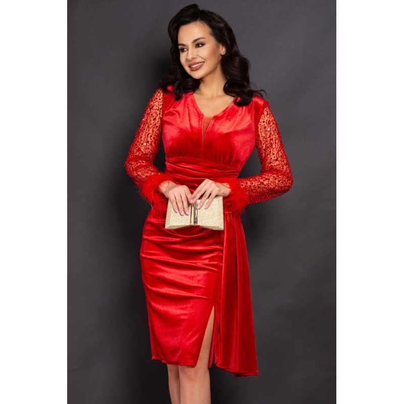 Rochie de ocazie rosie Madeline din catifea cu maneci paietate
