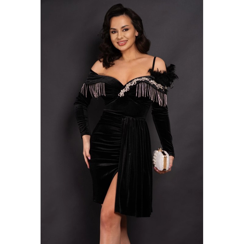 Rochie de ocazie neagra Alizee din catifea cu strassuri argintii