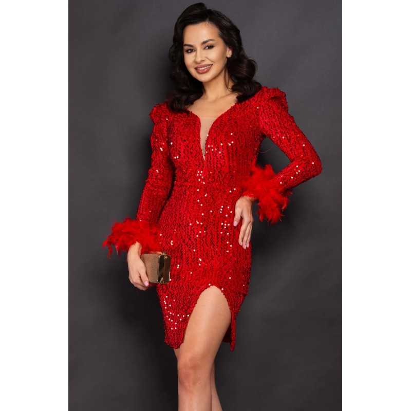 Rochie rosie de ocazie scurta Elma cu paiete si fulgi