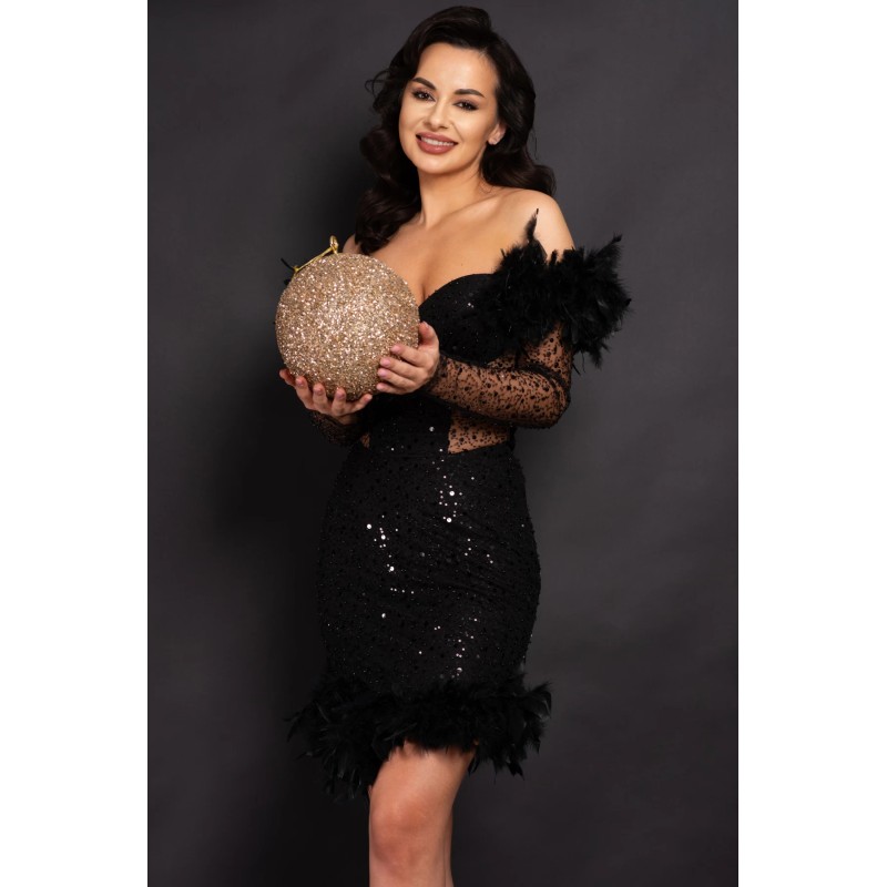 Rochie neagra Valentina scurta cu paiete si fulgi