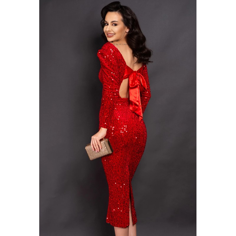 Rochie de ocazie rosie Ilona din paiete cu funda la spate