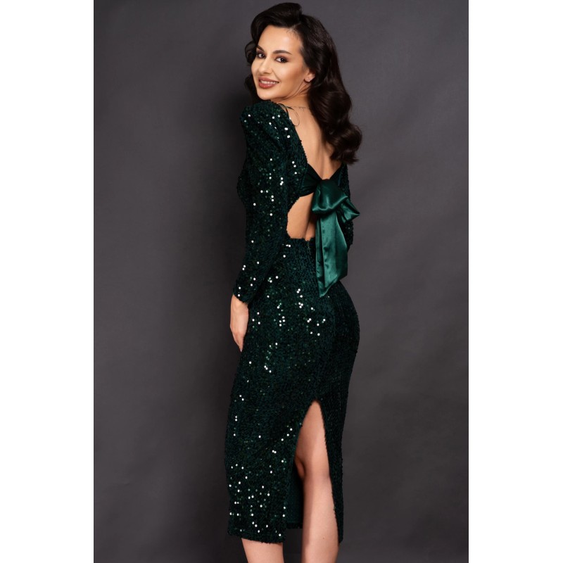 Rochie de ocazie verde Ilona din paiete cu funda la spate