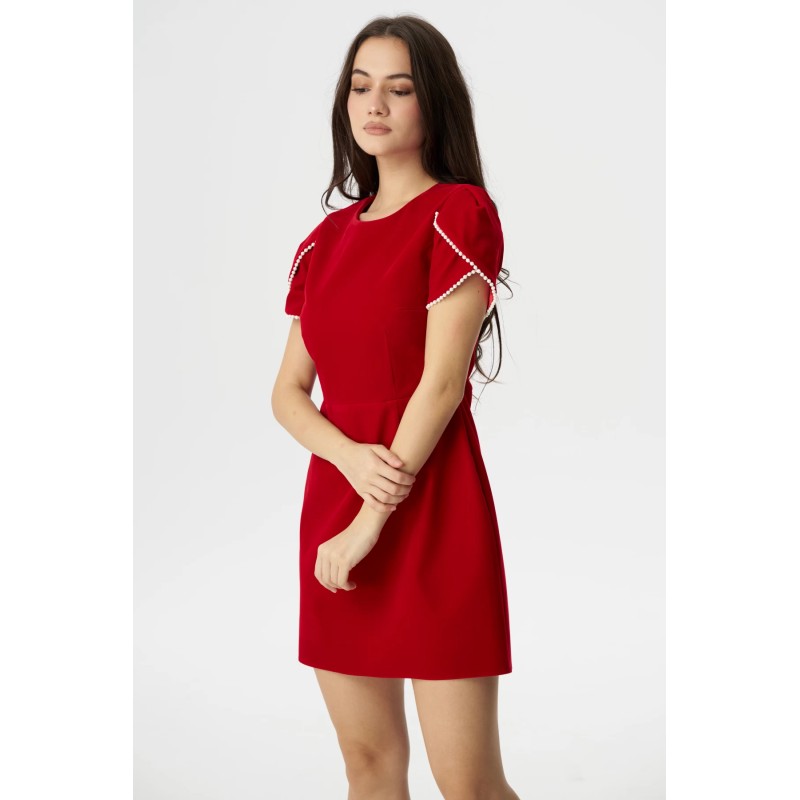 Rochie rosie mini din catifea Silvia cu margele decorative
