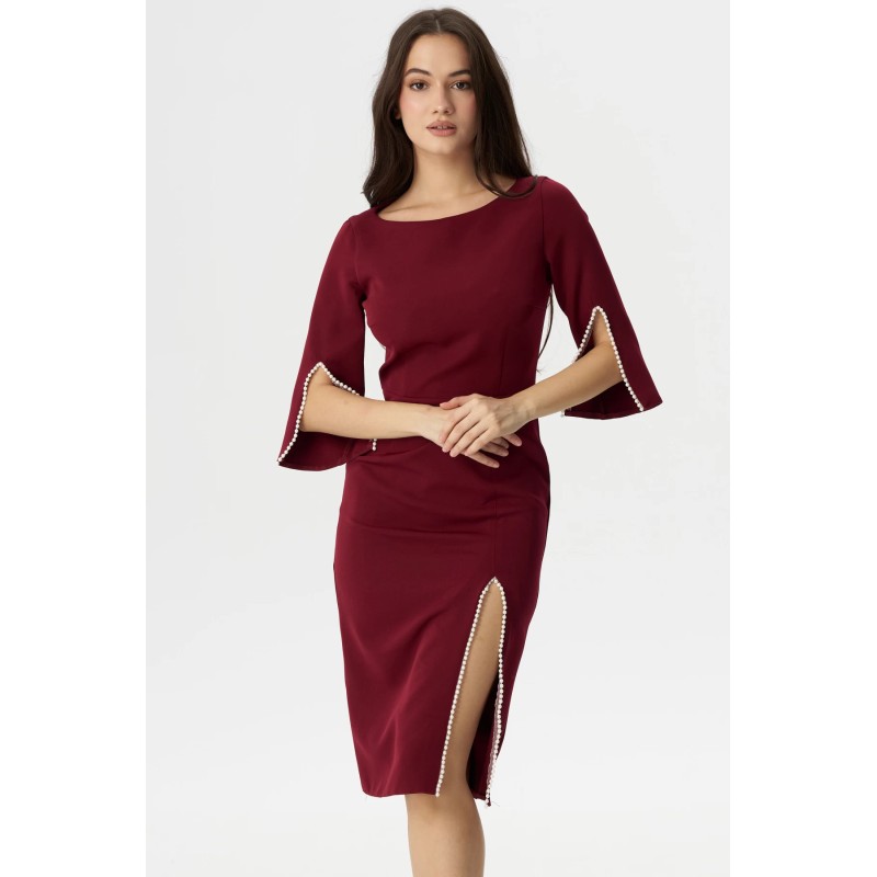 Rochie de ocazie midi Daria bordo decorata cu margele