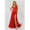 Rochie de seara satinata Pretty Girl rosie eleganta cu funda pretioasa