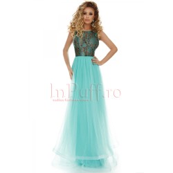 Rochie Atmosphere lunga din tul mint cu dantela verde in zona bustului