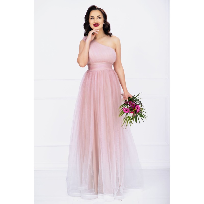 Rochie de seara Kendra lunga rose in degrade eleganta din tulle cu floare 3D