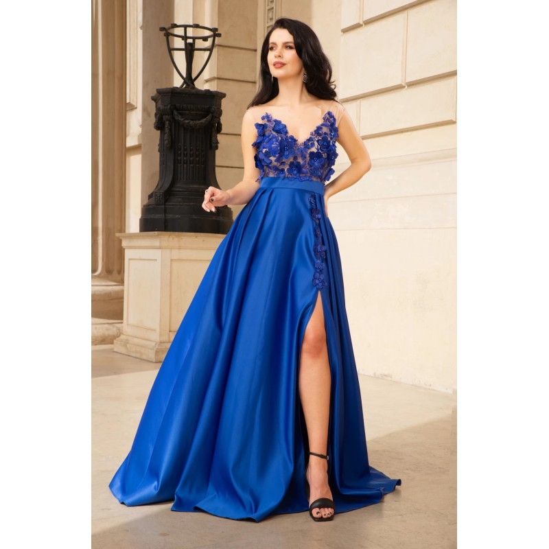 Rochie lunga Abigail royal de lux tip printesa din tafta cu flori 3D