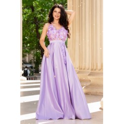 Rochie eleganta Abigail lila tip printesa din tafta cu flori 3D