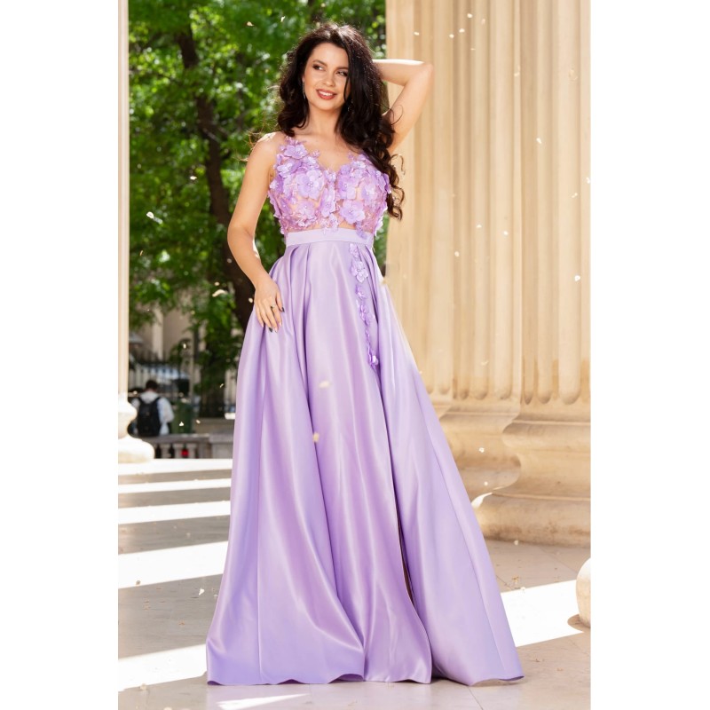 Rochie eleganta Abigail lila tip printesa din tafta cu flori 3D