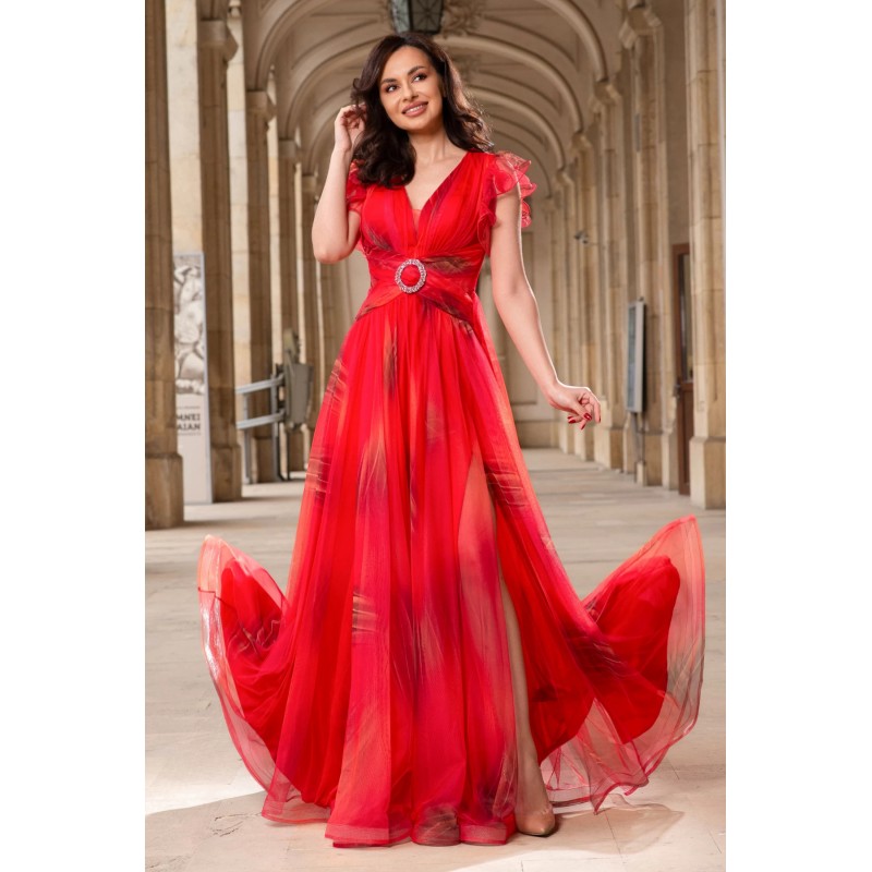 Rochie de seara rosie Tereza cu imprimeu tip pictura