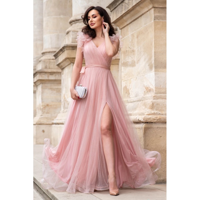 Rochie de seara lunga rose Nemesis cu glitter si flori 3D pe umeri