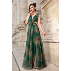 Rochie de seara verde lunga Elissa cu imprimeu tip pictura si floare 3D
