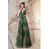 Rochie de seara verde lunga Elissa cu imprimeu tip pictura si floare 3D
