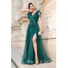 Rochie de seara lunga verde Nemesis cu glitter si flori 3D pe umeri