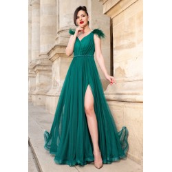 Rochie eleganta de seara lunga verde Gratiela cu perle in talie si fulgi pe umeri