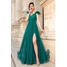 Rochie eleganta de seara lunga verde Gratiela cu perle in talie si fulgi pe umeri