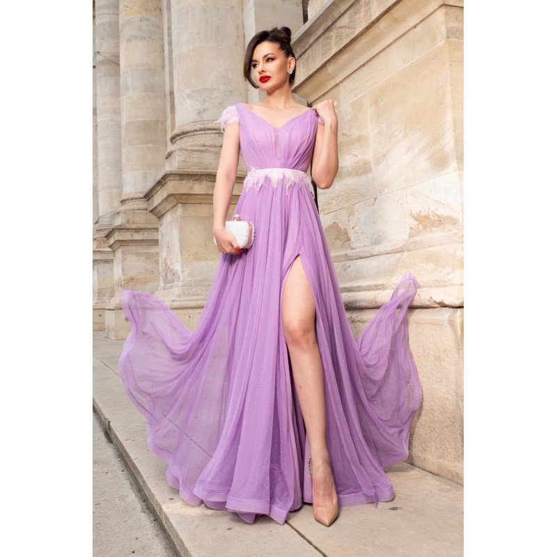 Rochie lunga de seara lila Petronela decorata cu banda din fulgi