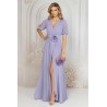 Rochie de seara lunga lila cu floare in talie si decolteu petrecut