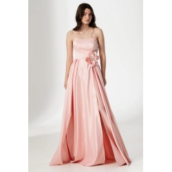 Rochie eleganta lunga roz Lorelai din tafta cu floare 3D