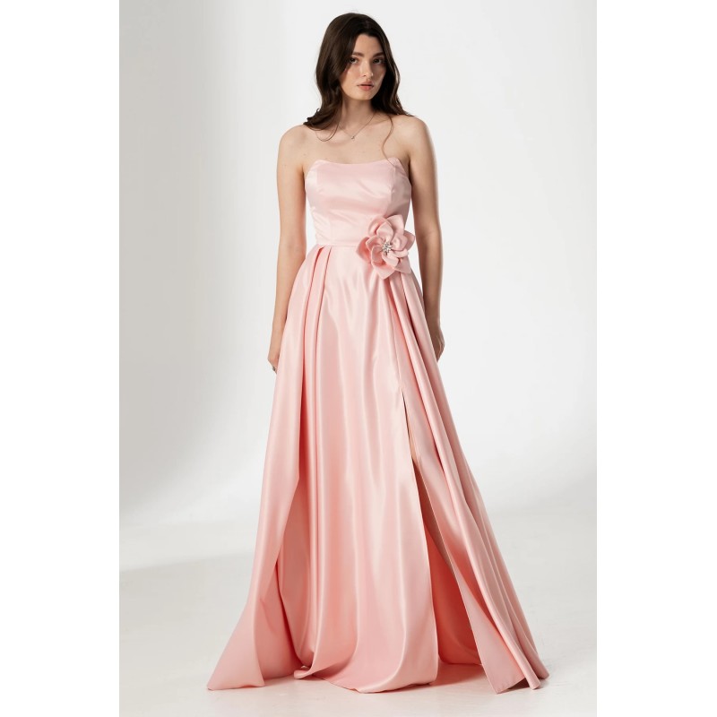 Rochie eleganta lunga roz Lorelai din tafta cu floare 3D