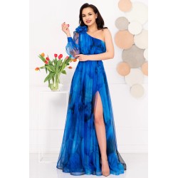 Rochie de seara pretioasa Carolina albastra cu model tip pictura