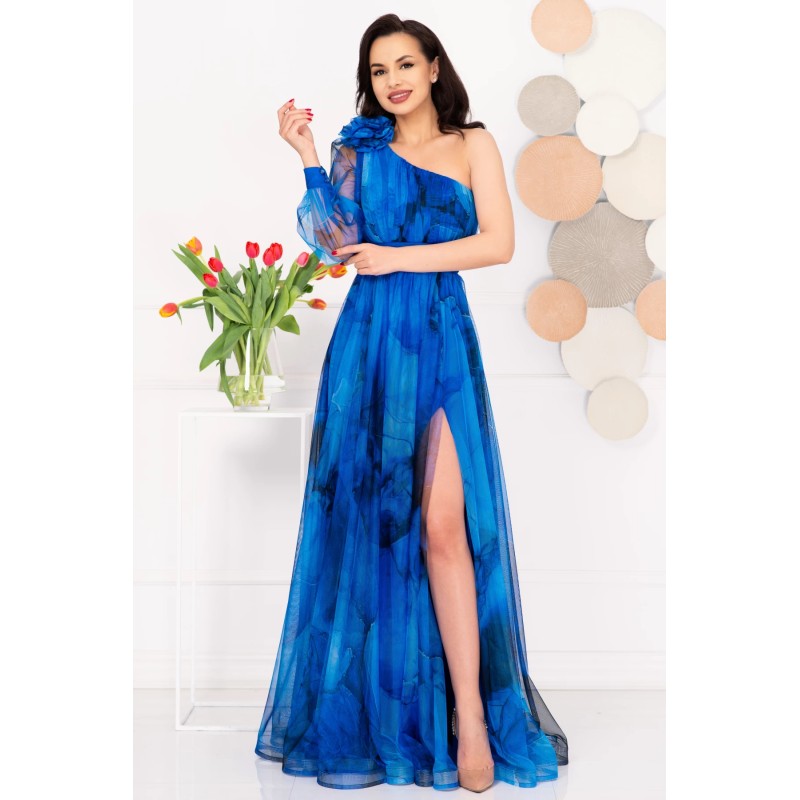 Rochie de seara pretioasa Carolina albastra cu model tip pictura