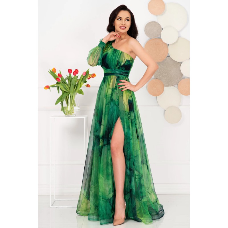 Rochie de seara pretioasa Carolina verde cu model tip pictura
