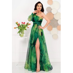 Rochie de seara pretioasa Carolina verde cu model tip pictura