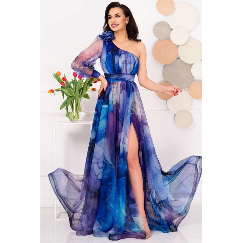 Rochie de seara pretioasa Carolina mov cu model tip pictura