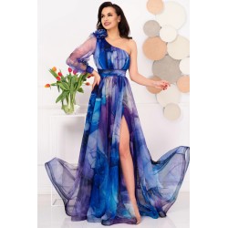 Rochie de seara pretioasa Carolina mov cu model tip pictura