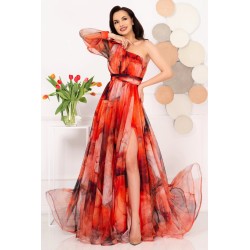 Rochie de seara pretioasa Carolina orange cu model tip pictura