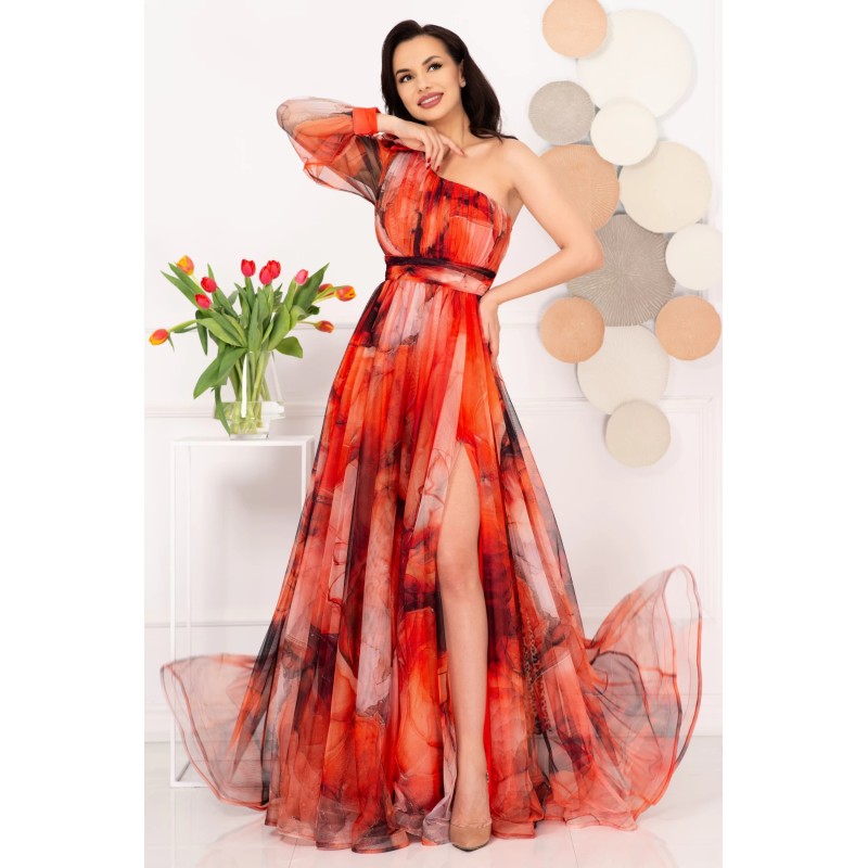 Rochie de seara pretioasa Carolina orange cu model tip pictura