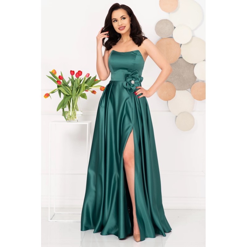 Rochie eleganta lunga verde Lorelai din tafta cu floare 3D
