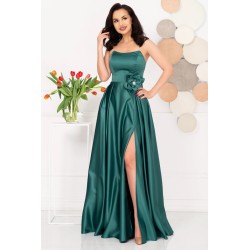 Rochie eleganta lunga verde Lorelai din tafta cu floare 3D