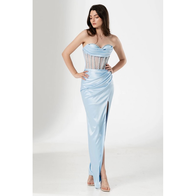 Rochie de seara lunga Sabina bleu cu fronseuri si pietre pretioase