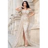 Rochie de lux Goddess aurie cu sclipici si trena pe o parte