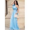 Rochie de seara lunga Fiorella bleu cu flore 3D pe umar