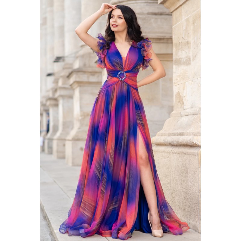 Rochie de seara lunga Tereza albastra cu imprimeu tip pictura